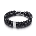 Double-layer men's bracelet with black beads, woven leather rope and silver cross clasp - Black Agate-Steel Clasp (Cross)
