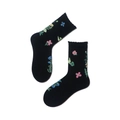 Detail of black cotton mid-calf socks with floral and butterfly embroidery patterns - 35-39 / Floral
