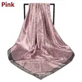 Pink paisley satin square scarf with elegant grey border, displayed on a hanging rack - 90cm*90cm / Pink