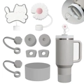 Kit d'accessoires en silicone gris pour tasses Stanley avec pailles chat et marguerite - Ensemble Chat Gris et Marguerite