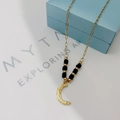 French retro style 18k gold moon pendant necklace with black beads and textured finish - Moon Pendant Black Beads (N123月亮-黑色)
