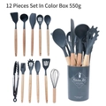 Set 12 pezzi utensili cucina in silicone grigio scuro con manici in legno e contenitore - Grigio Scuro Set da 12 Pezzi