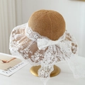 Elegant brown woven knit hat with white floral lace ribbon and bow decoration - M(56-58cm) / Large Lace Bow - Khaki (Silk Sand Skirt Khaki)
