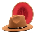 Detail of camel fedora hat with red contrast brim interior and black gold buckle band - Camel And Red