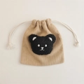 Khaki corduroy drawstring pouch with a cute black plush bear patch and cotton cords - Apricot (Black Bear)