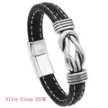 Men's black braided leather bracelet with silver infinity knot and 21cm alloy clasp - 21cm / Black