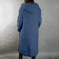Detail view of the chunky knit texture and hood on a long blue cardigan sweater - 3XL / Tops / Denim Blue