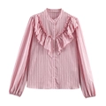 Camicia rosa a righe a maniche lunghe con volant a V e maniche a lanterna eleganti - XS / Righe Rosa Rosso