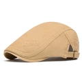Khaki cotton newsboy flat cap with side embroidery and adjustable metal buckle - Adjustable / Khaki