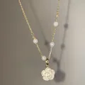 Elegant gold titanium camellia pendant necklace with pearls and shell flower inlay - X1062 Gold - Camellia Pearl