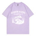 Lavender cotton T-shirt with white alligator and lighthouse graphic print in retro style - Lavender