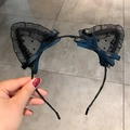 Sexy black lace cat ear headband with polka dot mesh and decorative ribbon bows - Mesh Lace Bow Cat Ears / Black