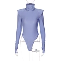 Detail view of purple bodysuit featuring padded shoulders and unique thumbhole sleeves - S / Purple