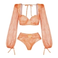 Detail of orange bikini set with mesh long sleeves and white seashell patterns - S / Two-Piece Bikini