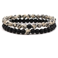 6mm distance bracelets set featuring matte black agate and dalmatian jasper beads - Dalmatian Jasper