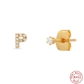 Detail of 925 sterling silver gold stud featuring letter P and a cubic zirconia stone - Letter P / Gold