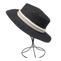 Detailed close-up of a black straw hat with white pearl trim and gold chain on a stand - Artificial Pearl Gold Chain Style (299M)