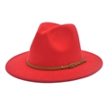 Detailed view of the red wool fedora hat featuring a brown leather strap and metal buckle - M (56-58cm) / Red