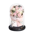 Bouquet di rose rosa e bianche in cupola di vetro con base in legno nero per regalo - Bouquet di rose rosa e bianche, luci a stringa e sacchetto regalo