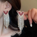 Detail of red heart zircon earrings with long cascading silver tassel fringe - 11# Silver Needle - Gold - Heart.
