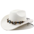 Detail of white suede cowboy hat with turquoise bead band and woven tassel trim - M (56-58cm) / Cream