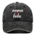 Detail of mama baba embroidery and heart on washed black vintage baseball cap - One Size / Washed Black