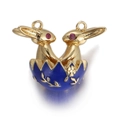 Golden rabbit pendant in blue enamel egg base with red stone eyes for jewelry - Dark Blue Easter Egg Rabbit Pendant