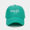 Close-up of baby girl gothic embroidery on a green cotton twill baseball cap - Teal