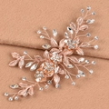 Detail of rose gold flower bridal headpiece with crystals and rhinestones on plush fabric - Hair Clip / Rose Gold Shiny