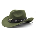 Detail of olive green wool cowboy hat featuring a leather band and metal bull skull emblem - M (56-58cm) Adjustable / Army Green