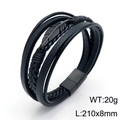 Bracciale multistrato in pelle intrecciata nera da uomo con piuma e fibbia magnetica - Nero