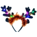 Brown reindeer antler headband with festive LED lights and small holly leaf decorations - Coffee LED Glowing Antler