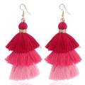 Detail of bohemian hot pink tassel earrings with a three-layer gradient design and gold hooks - Three-Layer Gradient Pink Tassel Style(#23)