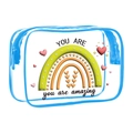 Clear PVC makeup bag with blue trim and a colorful rainbow design with positive quotes - 091-Single Blue Amazing