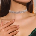 Elegant silver sparkling rhinestone choker necklace with flower crystal design for women - Mesh Crisscross Choker Style (DTN16026058S-W)