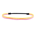 Close-up of pink and yellow glitter headbands with black elastic connector bands - Yellow+Pink