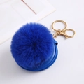 Detail of royal blue faux fur ball keychain with gold clasp and folding makeup mirror charm - Royal Blue With Fur Ball