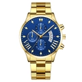 Men's fashion quartz watch with gold steel strap and chronographs on deep blue dial - Blue Dial Gold Hands Gold Strap (Curved Lug)