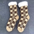 Chaussettes de sol tricotées pour hommes avec doublure polaire et semelles antidérapantes - Carreaux Kaki