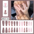 Long coffin marble press-on nails in pink and brown with rhinestone accents - Nude Brown Marble Rhinestone Decoration Style (CBLCY-142)