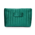 Forest green velvet makeup pouch with elegant vertical ribbed texture and soft sheen - Trapezoid Green (with Strip)