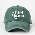 Dark green washed denim baseball cap with white Girl Mama text and heart embroidery - One Size / Dark Green