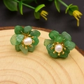 Floral stud earrings with green jade petals and white pearl center in golden finish - Green Aventurine Flower Studs (Green)