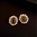 Vintage gouden oorknopjes met ovale groene edelsteen en witte zirkonia accenten - Vintage Ovale Groene Edelsteen (9# Zilveren Naald-Goud-Geel)