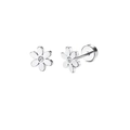 Macro view of silver flower stud earrings with zircon center and screw back design - White Flower with Zirconia
