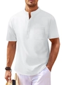 Detail of white Henley shirt featuring textured seersucker fabric and a mandarin collar - S / Tops / White
