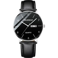 Men's quartz watch with black leather strap, silver case and starry sky day-date dial - 069 Black Leather Strap Silver Case