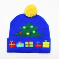 Blue LED knitted Christmas hat with yellow pompom, Christmas tree and gift box patterns - Hat Style 6 (Blue Christmas Tree)
