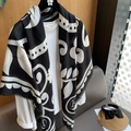 Large 130cm black and white cotton linen scarf with elegant tassel edges for women - 130*130cm / B&W Large Pattern (MZF-065)