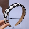 Detail of checkered black and white headband with thick sponge for high cranial top - 20# Black and White Plaid Fabric Headband
